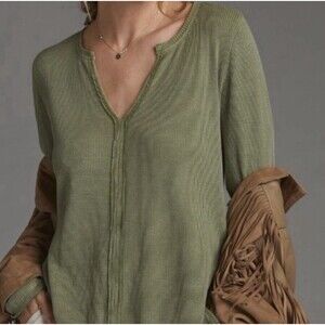Pilcro Anthropologie  Green Waffle Knit Thermal Top Split Neck Size Women Large